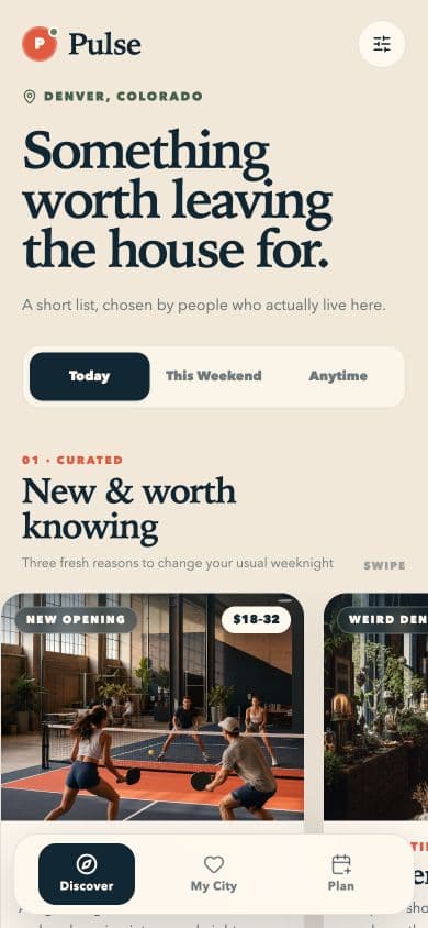 Pulse home screen with curated Denver recommendations