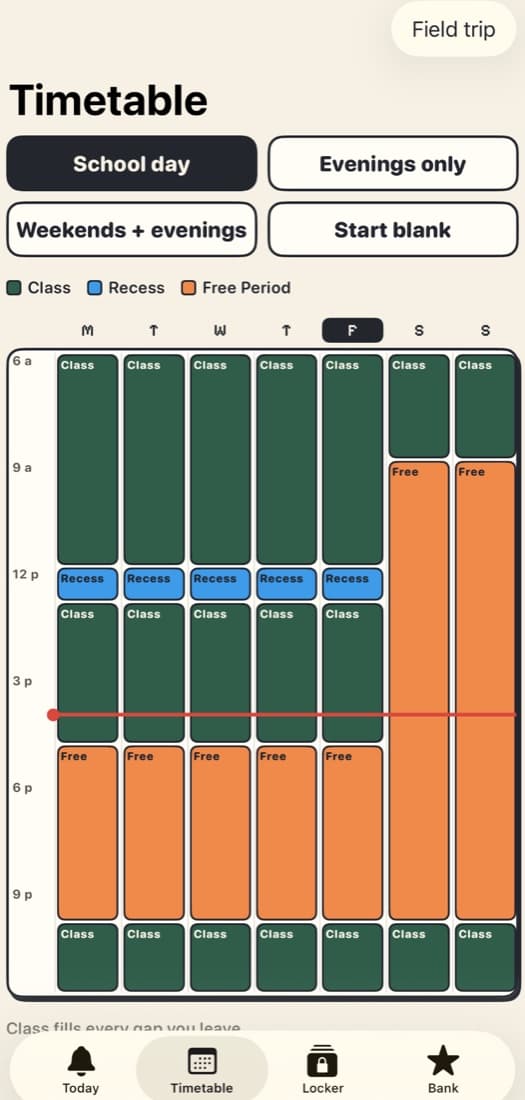 Locker Free Period screen
